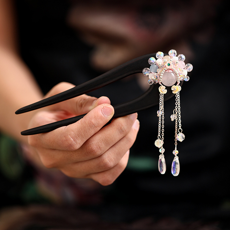 U型粉白仙气刀马旦发簪古典双钗超仙日常盘发簪中国风复古发簪子