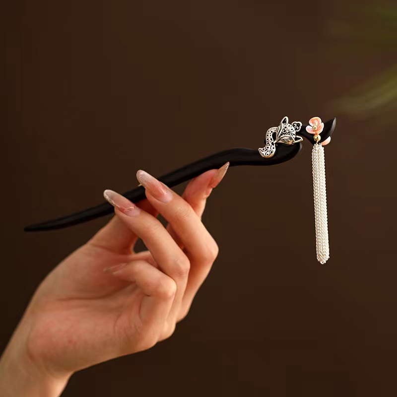 檀木发簪狐狸仙流苏新中式日常古典国风盘发簪发簪子气质