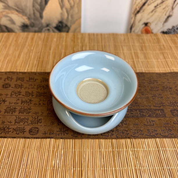 三足茶滤天青釉原矿汝瓷玛瑙入釉家用茶器两件套