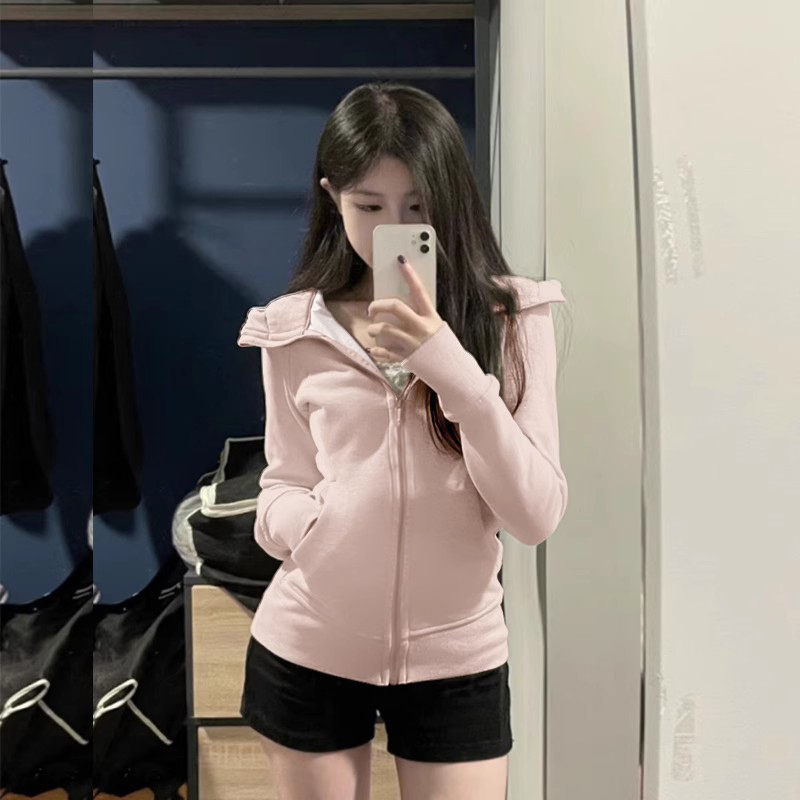 外套女秋冬款2024新款秋季穿搭修身女装上衣早秋粉色加绒卫衣冬装