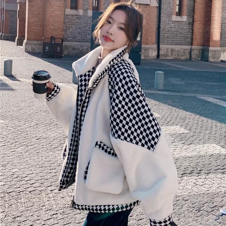 小香风仿羊羔毛加厚毛呢外套女秋冬季新款夹棉拉链宽松棉衣棉服女