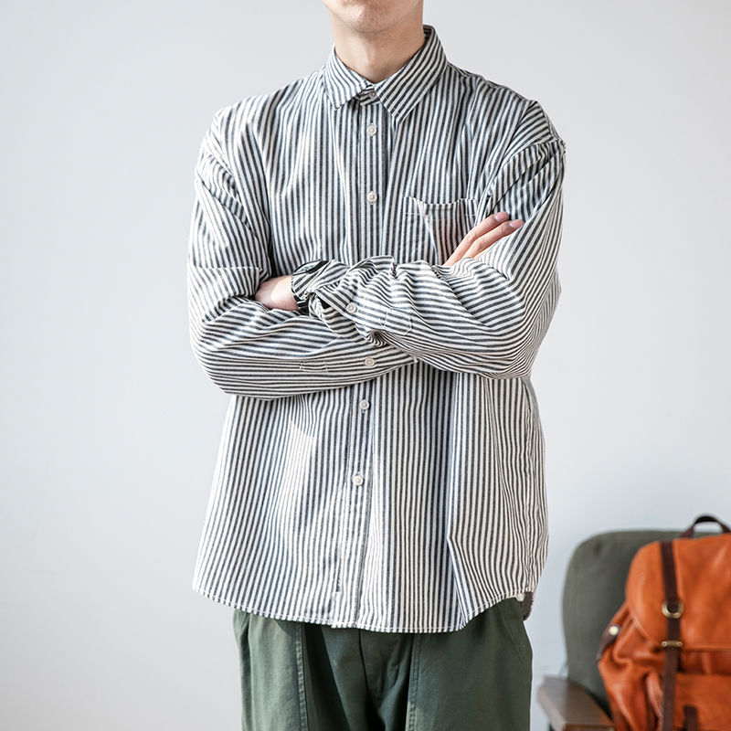 直播间推荐牛津纺工装美式复古内搭竖条纹衬衫翻领灰色长秋冬