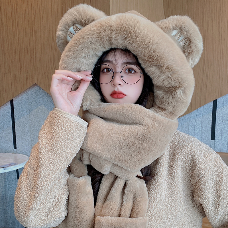【可爱加厚小熊帽】围巾一体女秋冬季百搭新款保暖连帽毛绒三件套