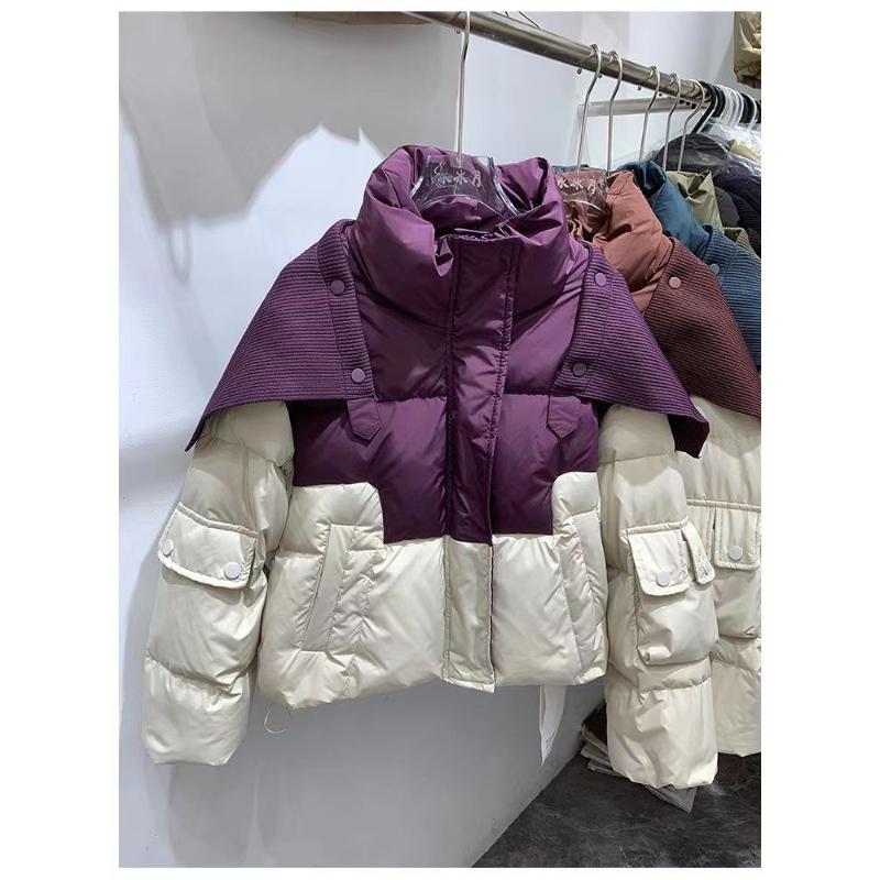 法式拼色加厚保暖羽绒服女2023冬季新款可拆卸披肩短款白鸭绒外套
