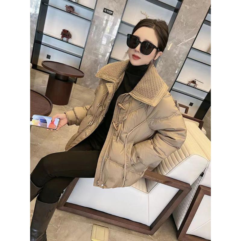轻薄羽绒服女冬季2023新款牛角扣编织翻领短款白鸭绒中式保暖外套