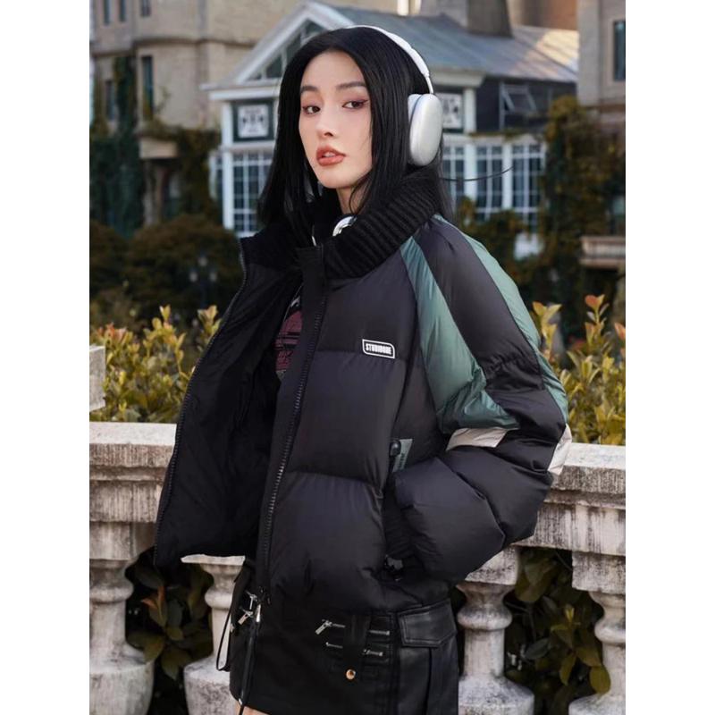 欧货2023新款美拉德拼接设计撞色鸭绒立领羽绒服韩系休闲百搭外套
