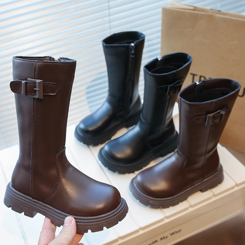 女童鞋儿童皮靴子2023年新款秋冬季高筒长筒中筒加绒公主过膝高靴