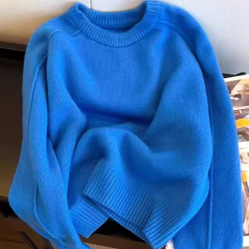 韩系复古软糯克莱因蓝圆领套头长袖针织衫秋冬新款慵懒风减龄毛衣