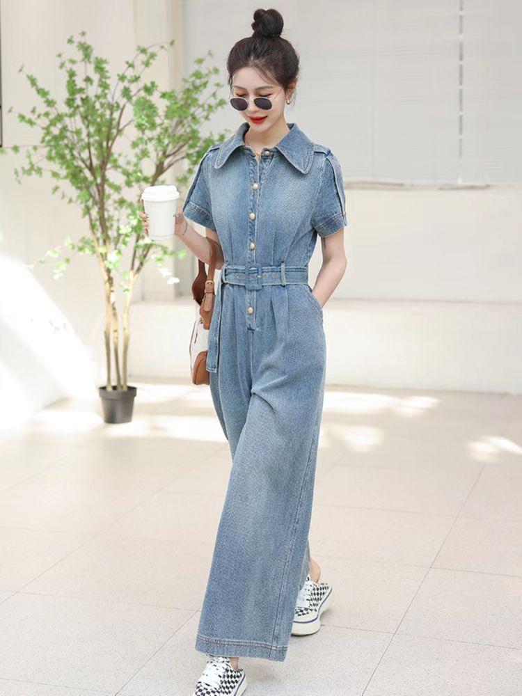 气质高腰复古牛仔连体裤女2024夏季簿款收腰显瘦长款工装阔腿裤