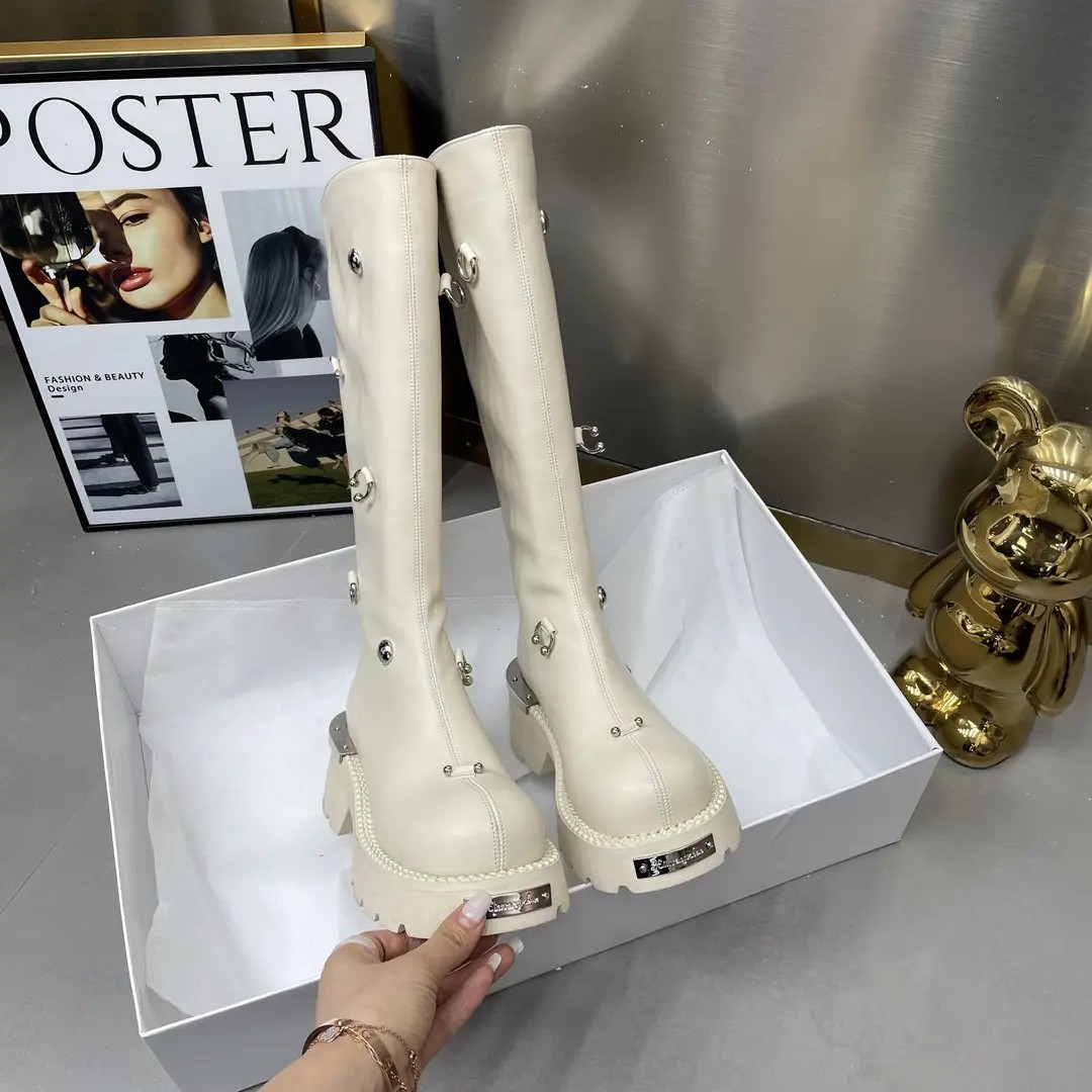 MSDD【6厘米】秋冬新款机车风高筒靴加绒厚底粗跟时尚女靴