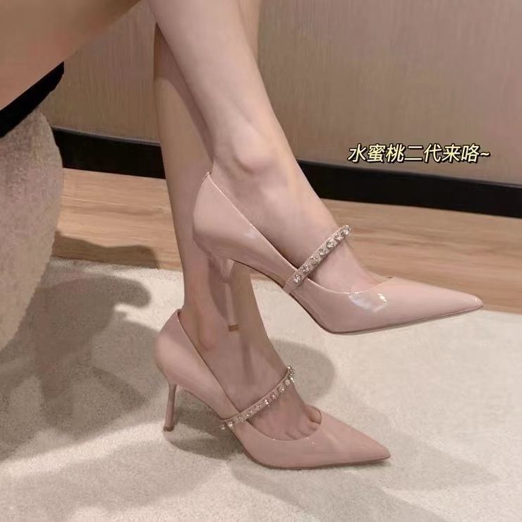 水蜜桃二代高跟鞋女细跟2024秋季新款仙女风浅口尖头裸色漆皮单鞋