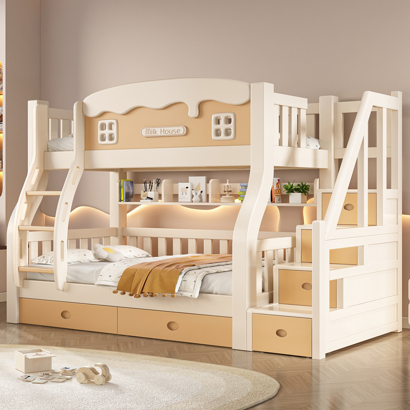 奶油风上下床双层实木床男孩女孩高低床上下铺成人子母床小户型床