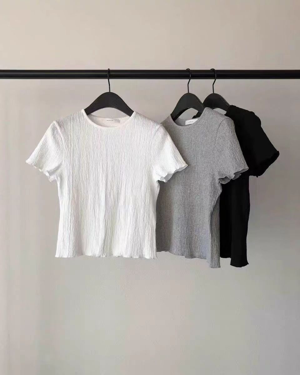 韩国正品  ounc24夏新薄款圆领褶皱舒适木耳边短袖（N0退N0换）