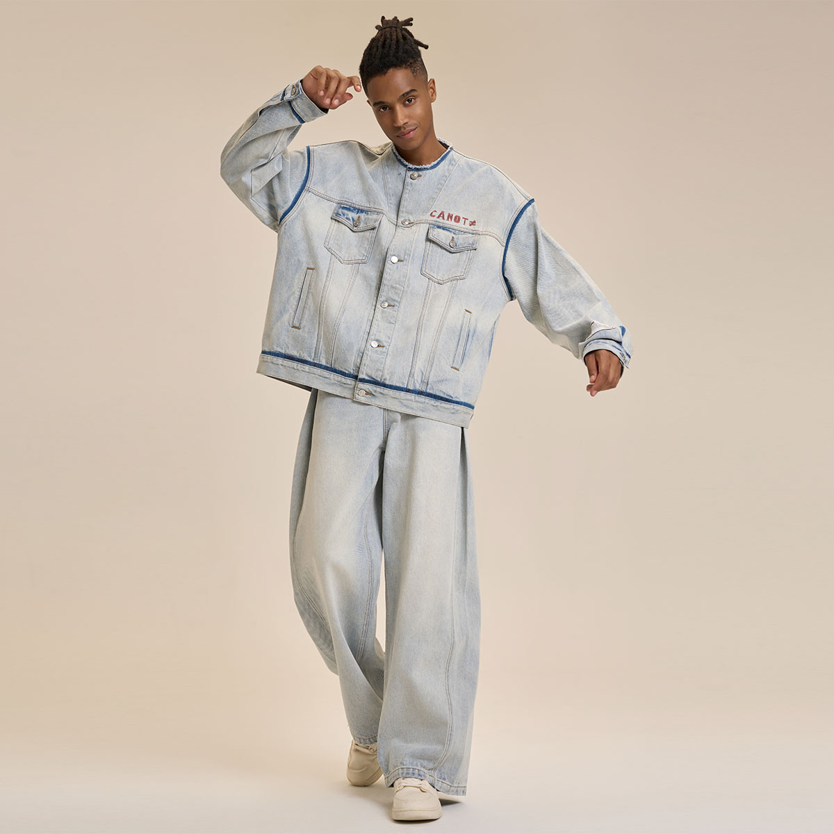 CANOTWAIT_陈伟霆休闲牛仔夹克春季做旧彩色印花圆领宽松情侣新年