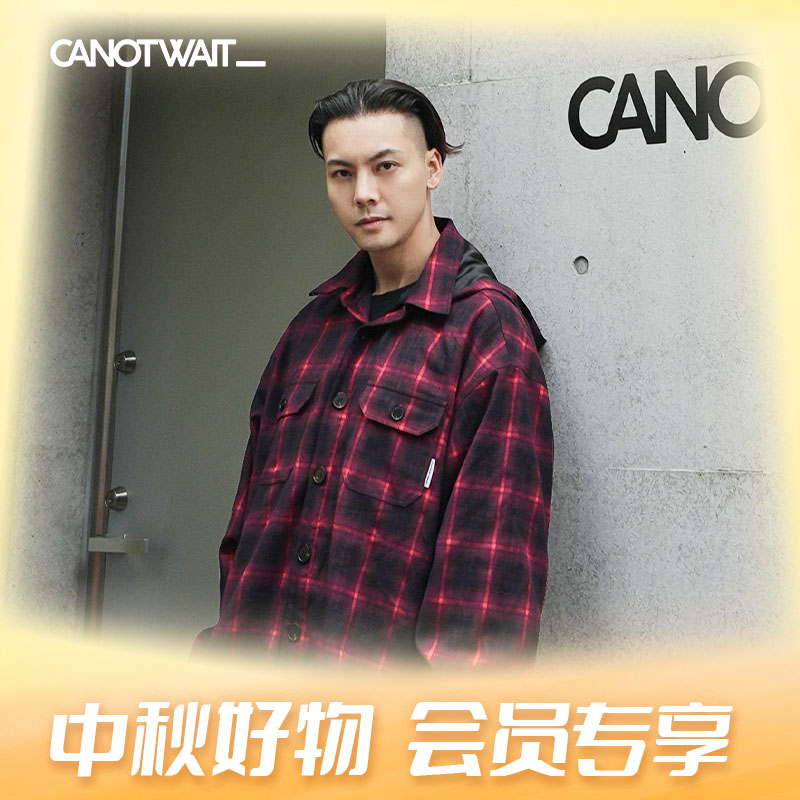 陈伟霆潮牌CANOTWAIT_标语印花格纹连帽衬衫夹克外套百搭