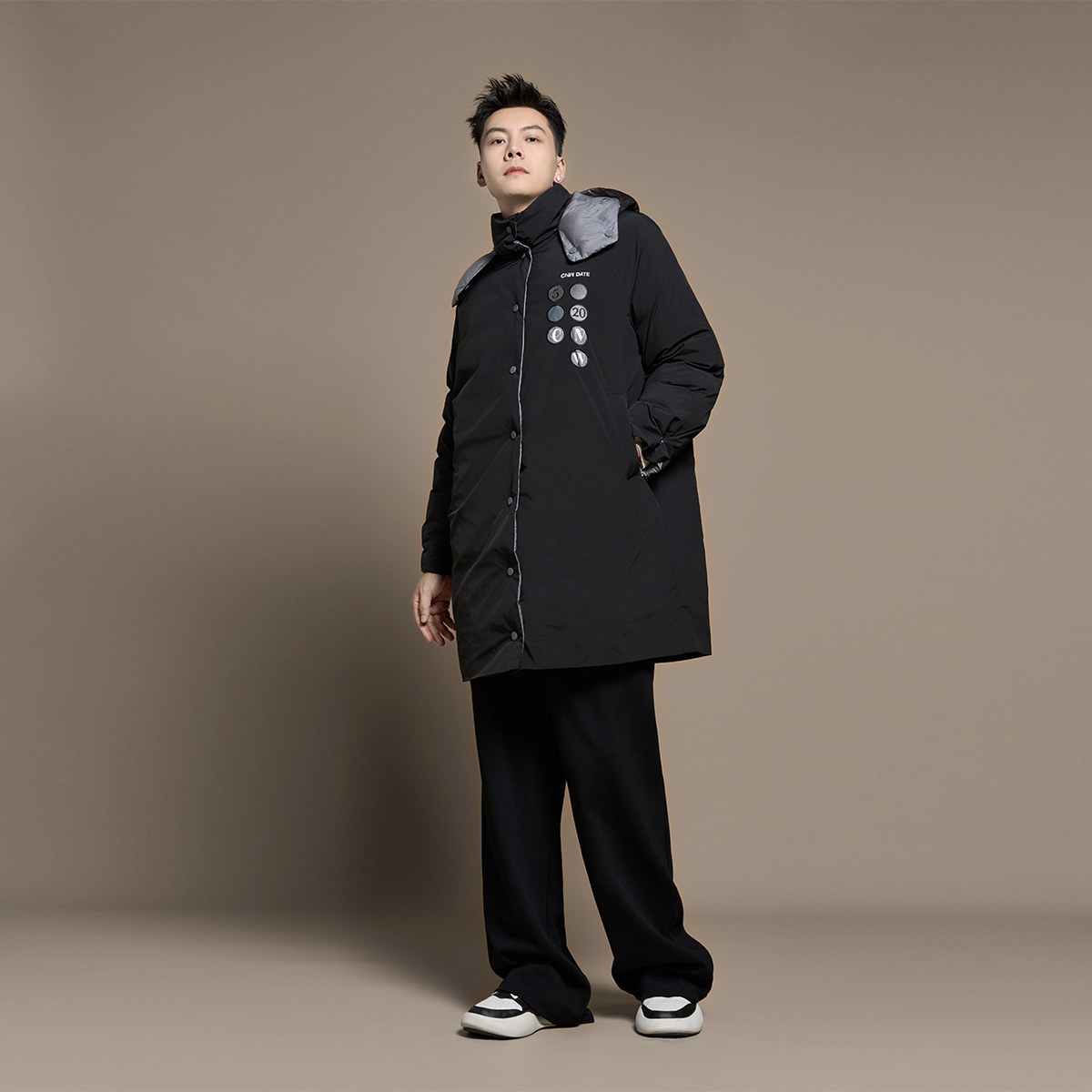 CANOTWAIT_陈伟霆同款冬季时尚休闲双面穿长款连帽保暖羽绒外套