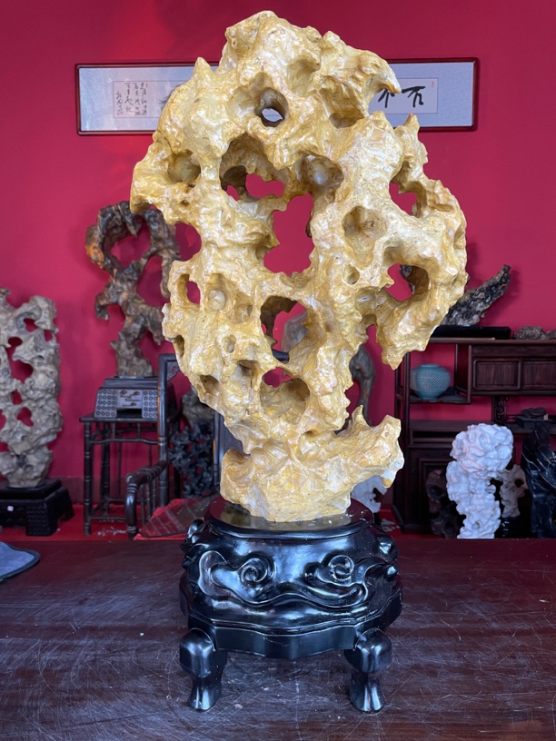 黄色太湖石家居摆件玄关书房摆件茶室办公室摆件手工摆设大型