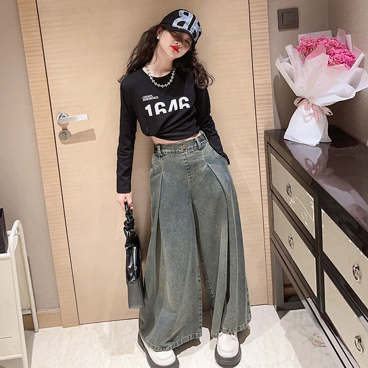 女童牛仔裤春秋季高腰直筒百搭休闲宽松设计感时尚洋气韩版长款