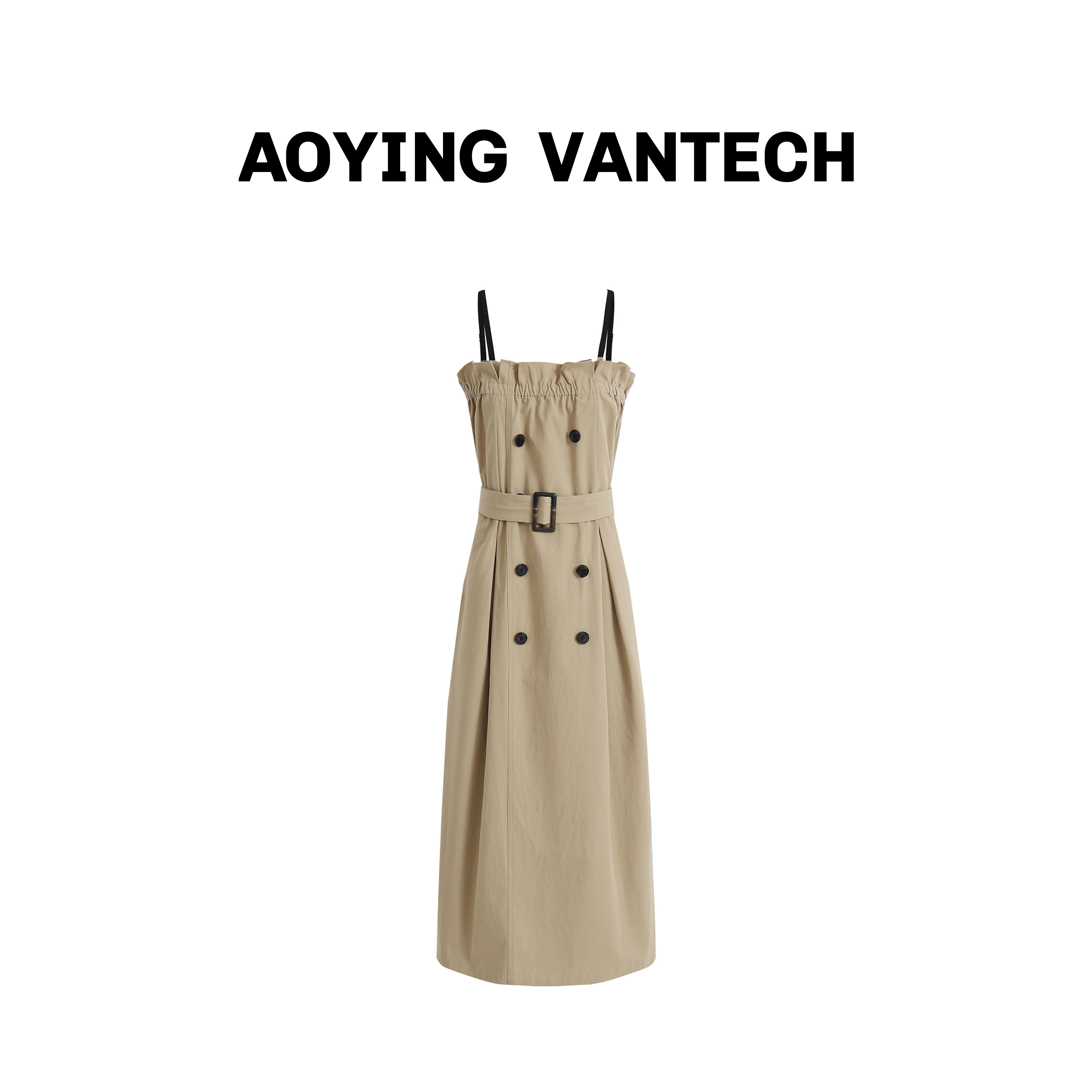 AOYING VANTECH澳莹万特 双排扣花苞吊带气质风衣吊带卡其连衣裙