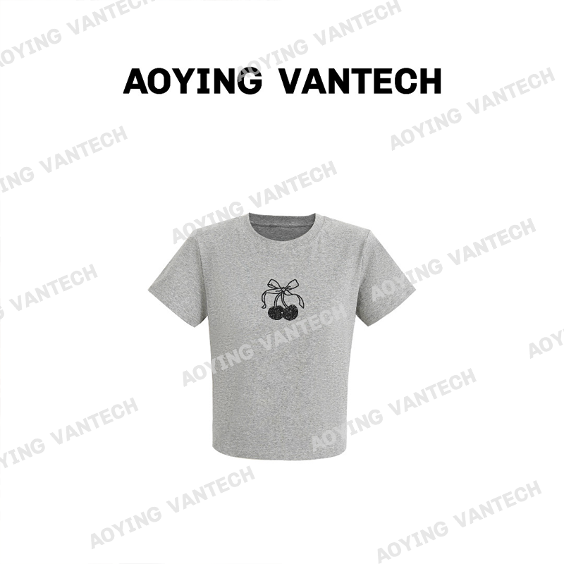 AOYING VANTECH 精致小樱桃亮片蝴蝶结刺绣T恤少女显瘦百搭短袖