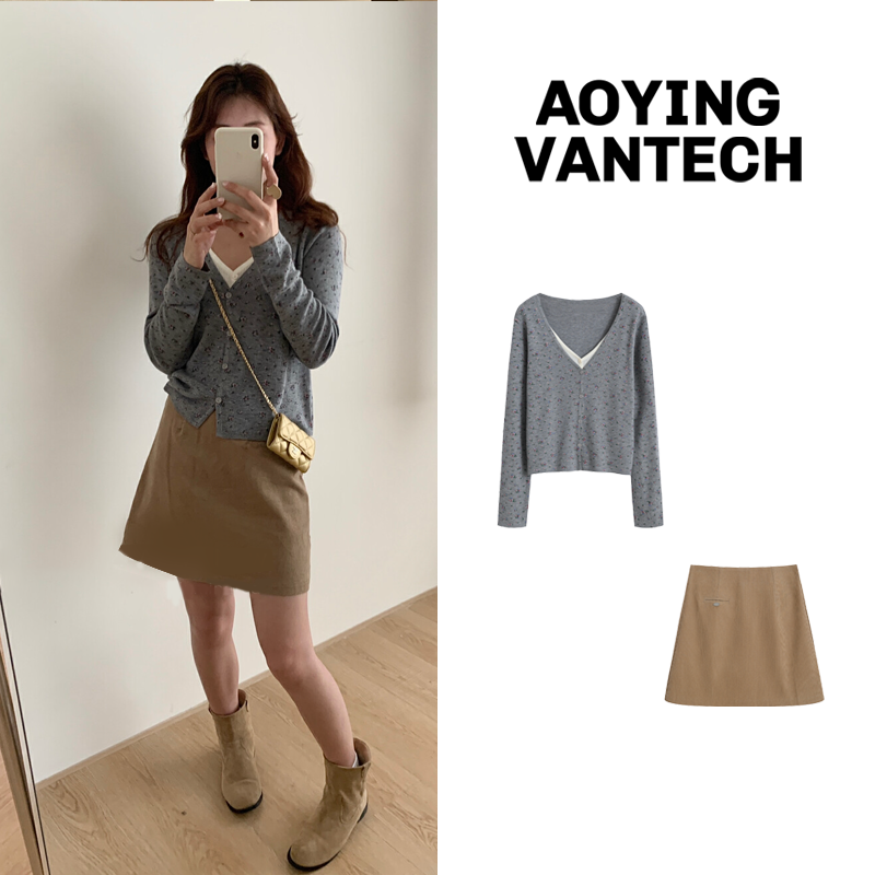 AOYING VANTECH假两件花朵开衫+短裙套装AYWT2024224+AYWT2024225