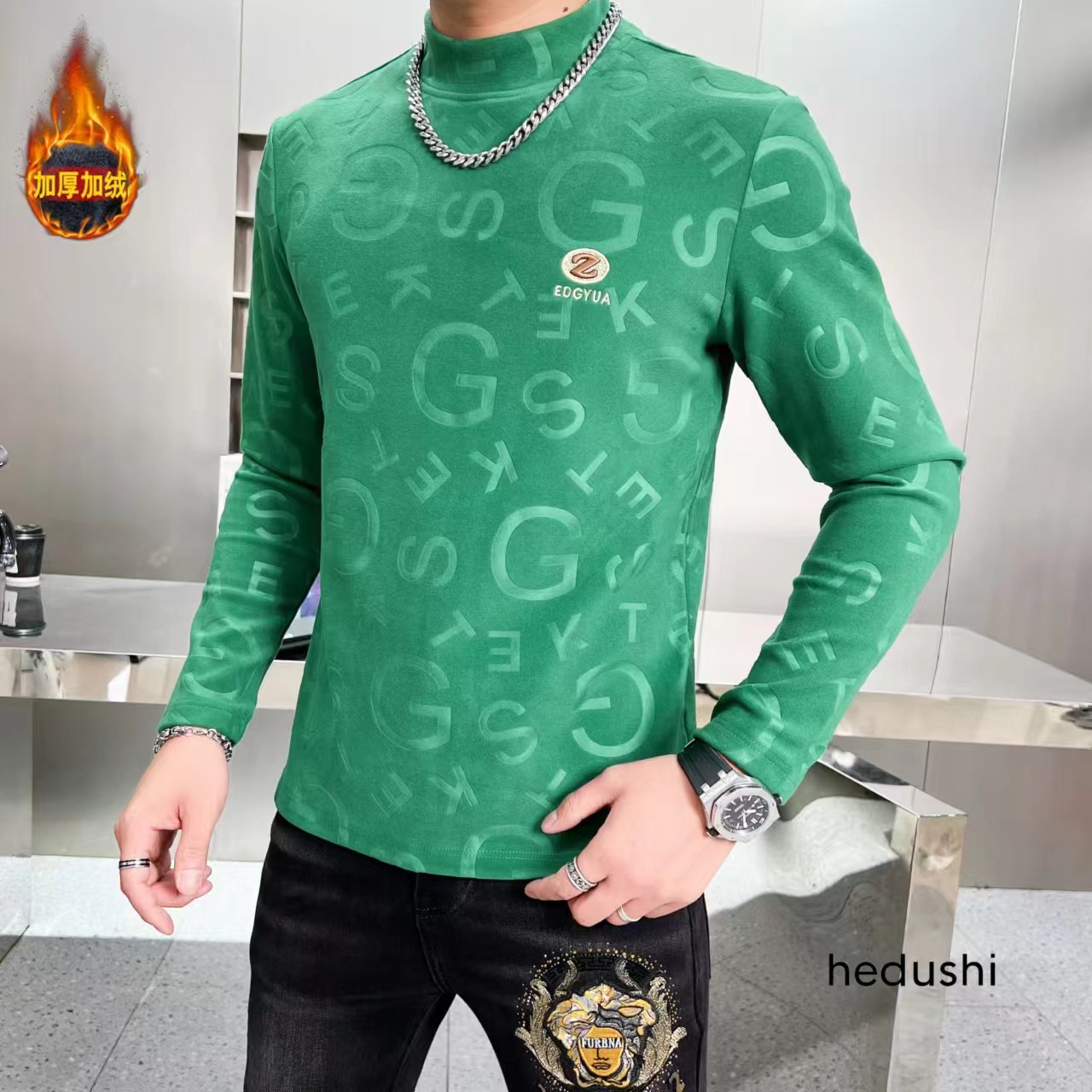 711冬季印花男士打底衫修身秋冬加厚加绒圆领网红休闲春季秋季