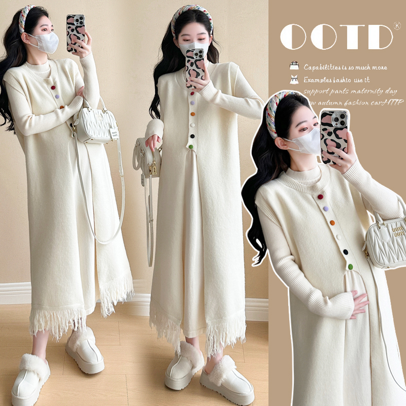孕妇连衣裙秋冬季洋气高级感孕妇装秋冬款流苏背心裙+软糯打底裙