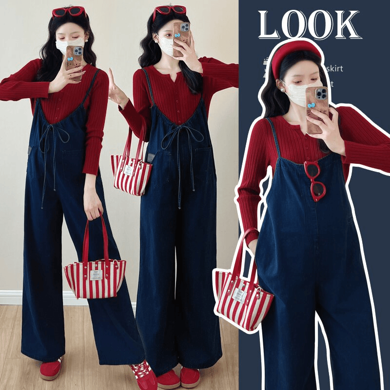 前后两穿孕妇装春装新款牛仔背带裤打底上衣女显瘦阔腿裤孕妇套装