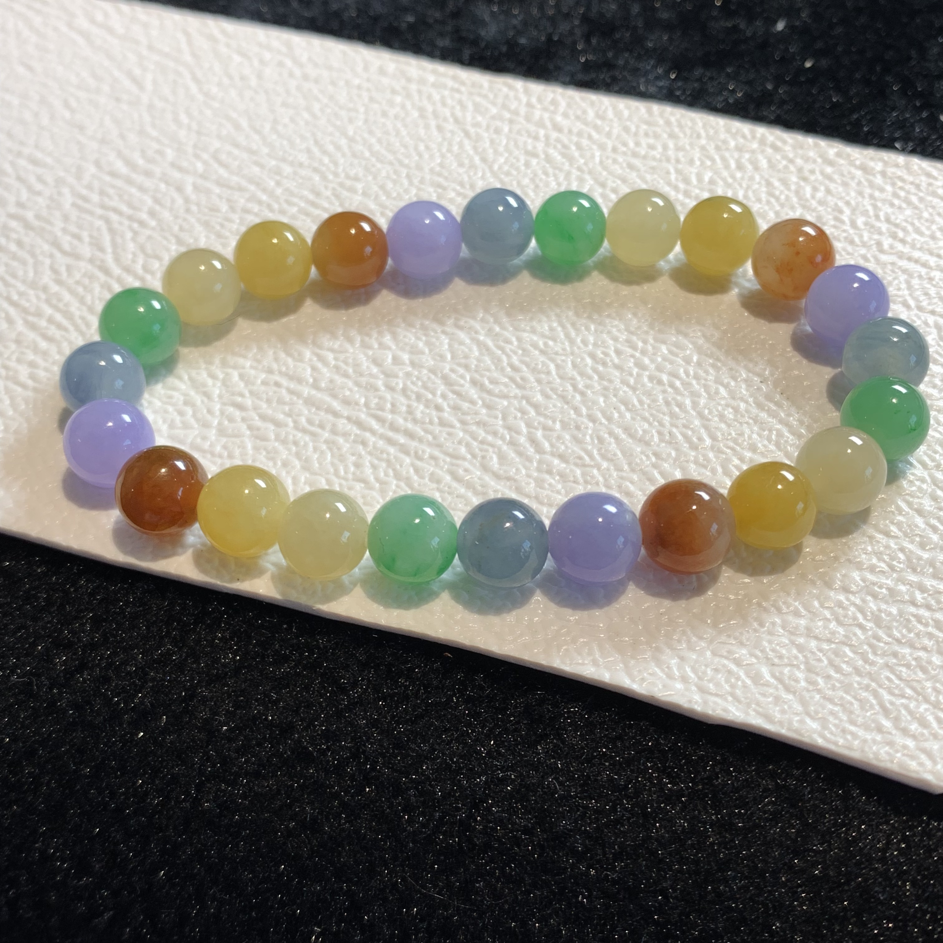 雨声翡翠圆珠手串之天然彩虹色巨美天然色A货翡翠