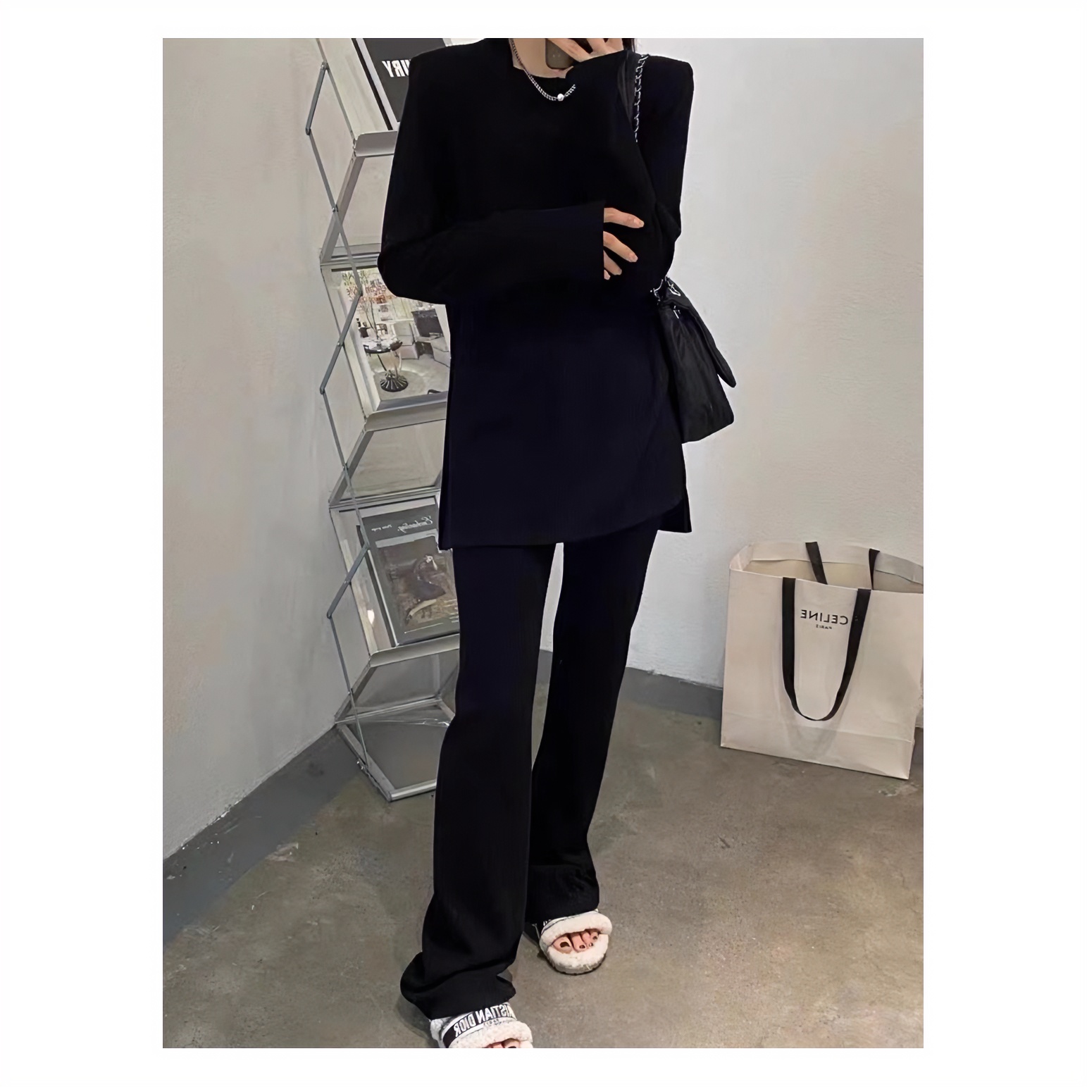 2023减龄休闲秋冬显瘦开叉上衣+休闲气质裤子两件套装（雪尼尔）393