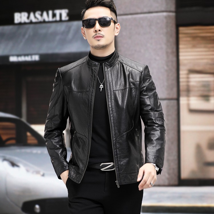 海宁真皮皮衣头层油蜡小牛皮男士外套休闲时尚立领春秋皮夹克216