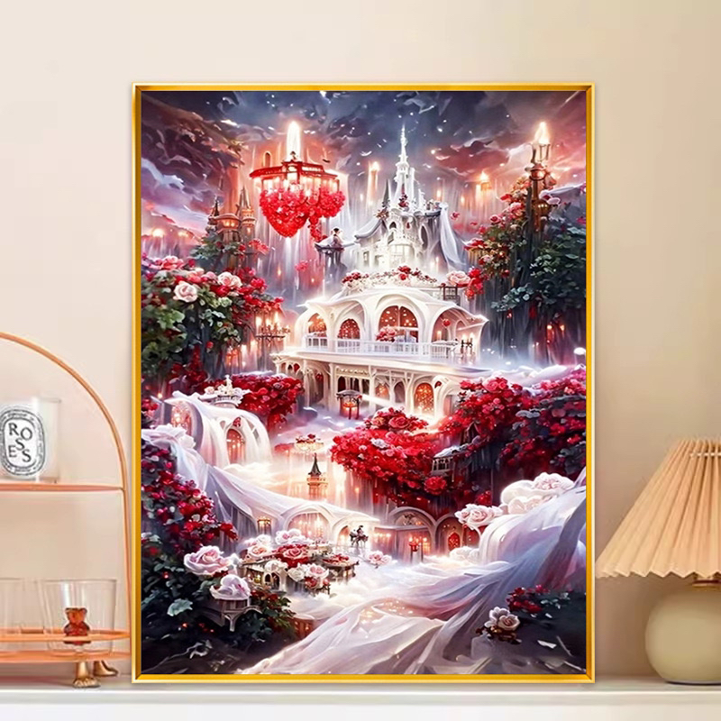 新款玫瑰城堡钻石画满钻梦幻唯美玫瑰花风景装饰画手工diy点钻石