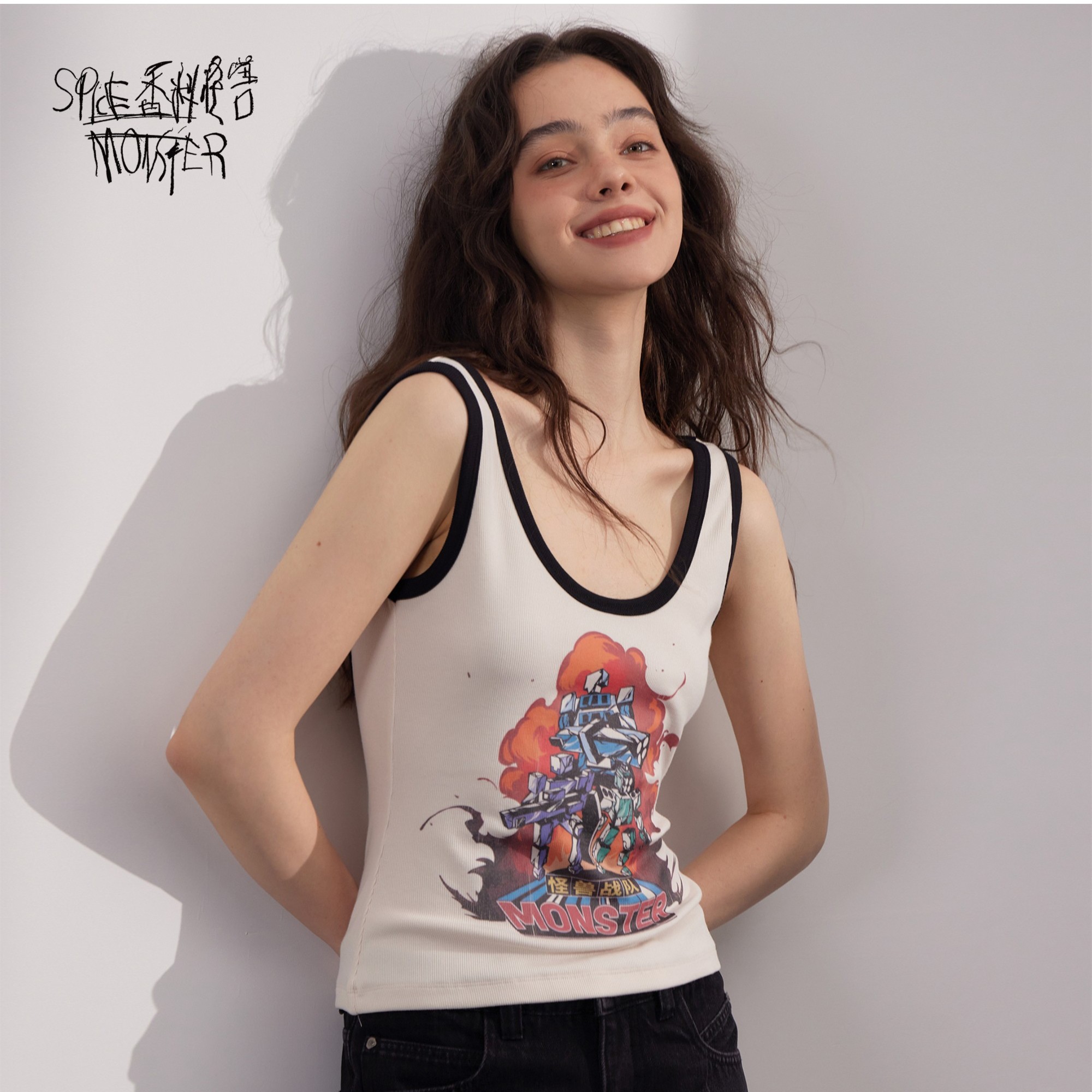 香料怪兽撞色U领大露背原创印花设计修身显瘦【怪兽战队背心】