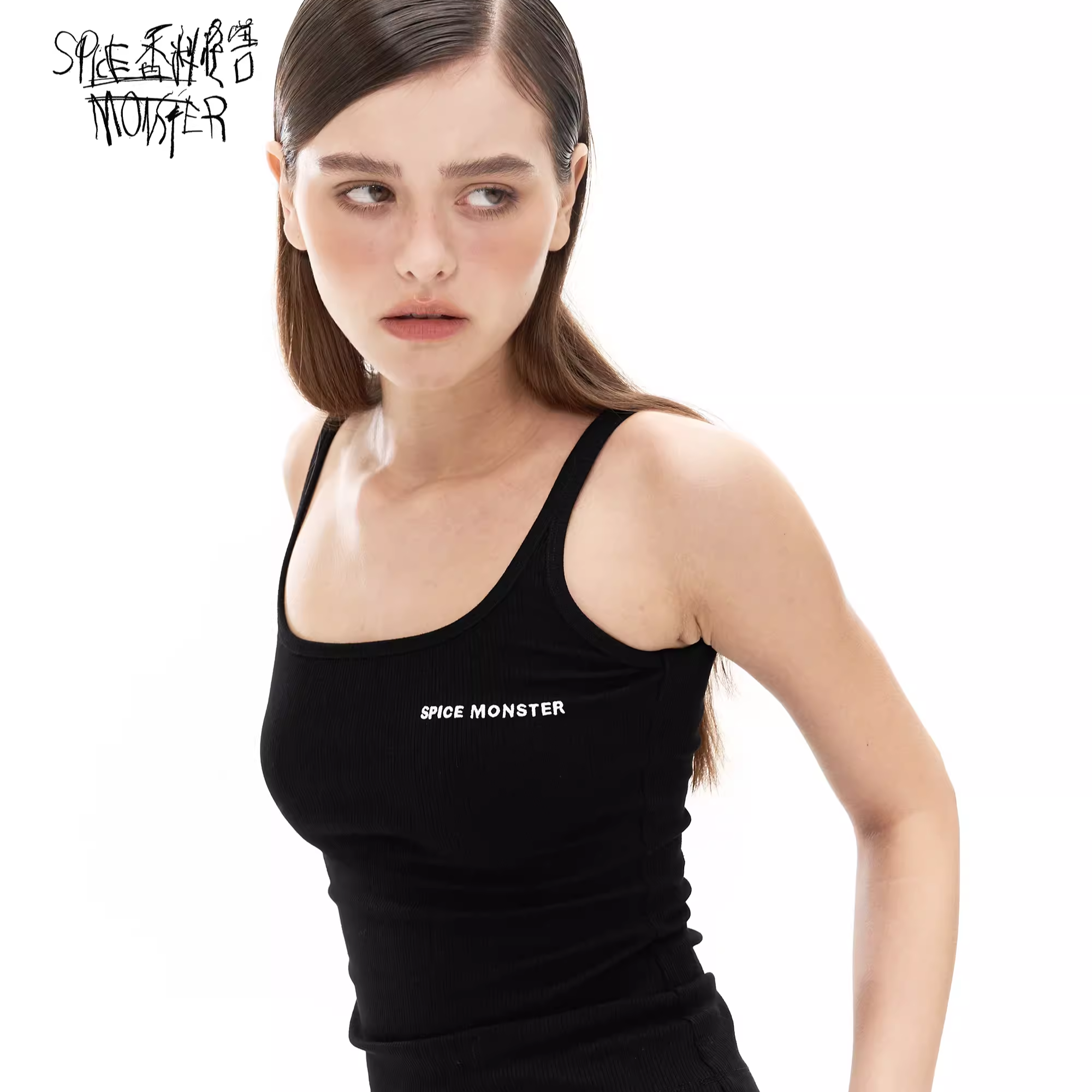 香料怪兽大U领细肩带立体撞色绣花针织修身吊带【独角仙背心】