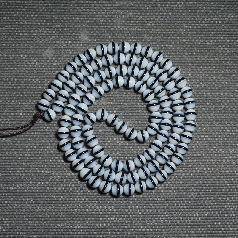 天然反一线药师玛瑙手链7.5mm108粒 黑白药师手串佛珠男女士