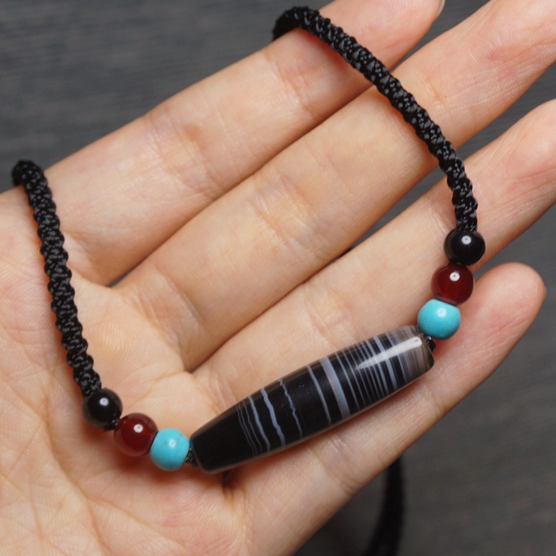 天然黑褐色缠丝密纹玛瑙细勒子西藏锁骨链吊坠项链毛衣链