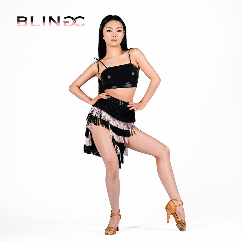 BLINGC新款夏季拉丁舞女成人流苏裙不规则黑粉专业半裙练功服259