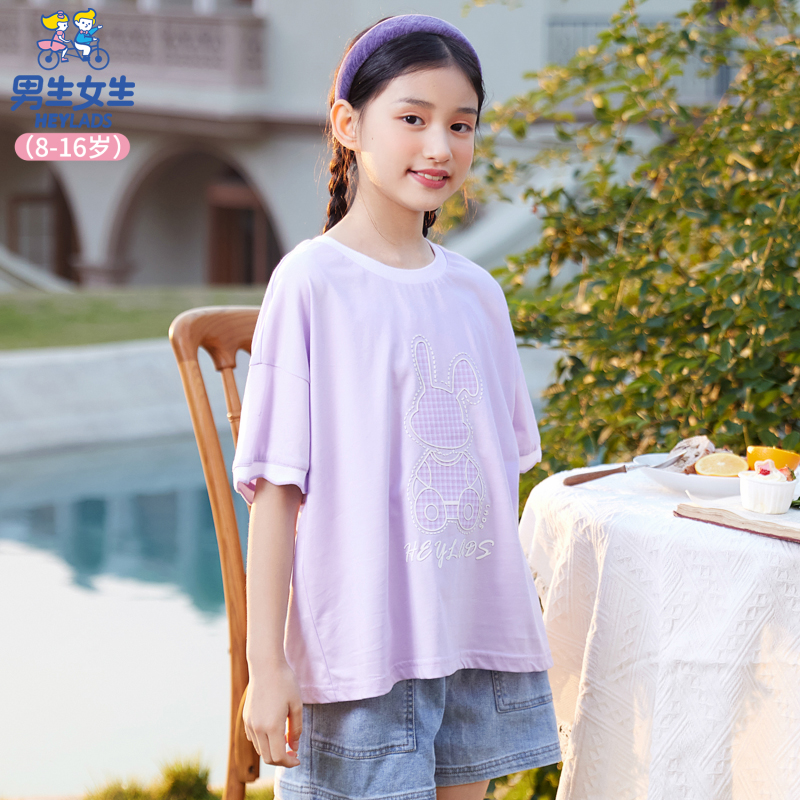 23539女大童短袖儿童夏季简约纯色吸中大童百搭T恤NJTCJ23539A