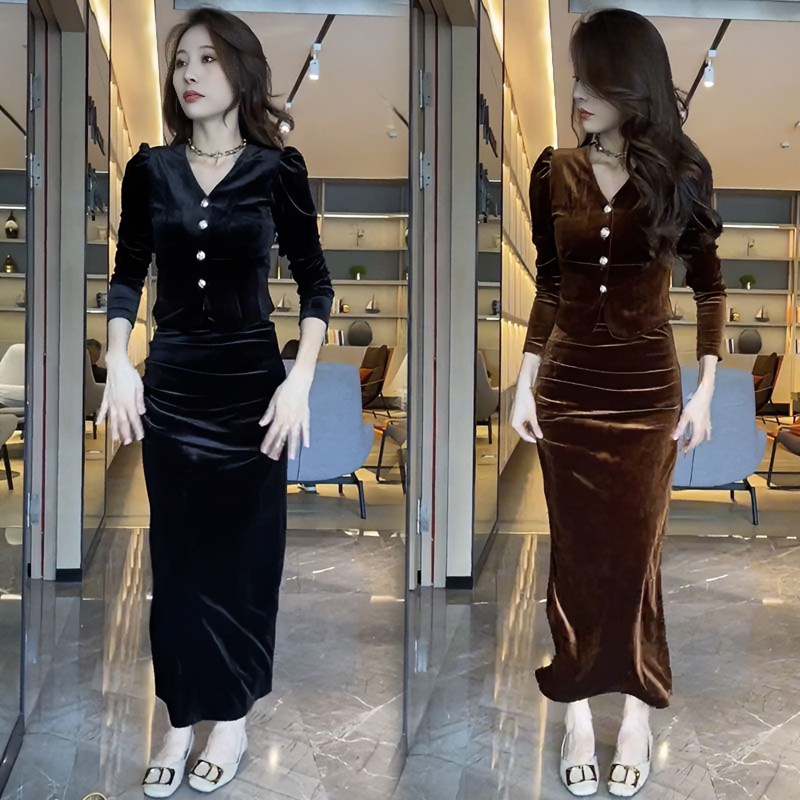 2024春季新款高级丝绒套装裙女时尚显瘦高腰半身包臀裙两件套