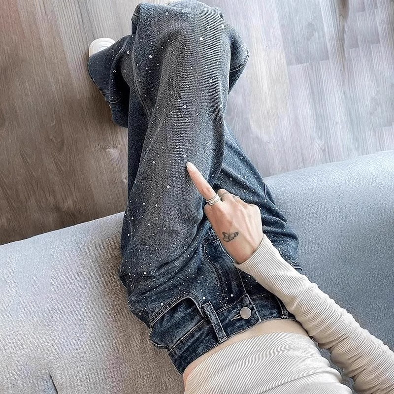 2025新款春季高腰宽松设计感高街直筒拖地裤烫钻窄版阔腿牛仔裤女