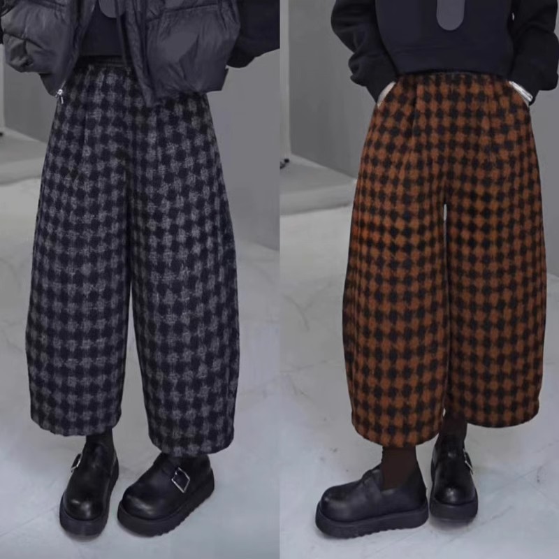 2024秋冬高级复古梨形宽松加厚格子哇塞裤显瘦时尚洋气休闲气球裤