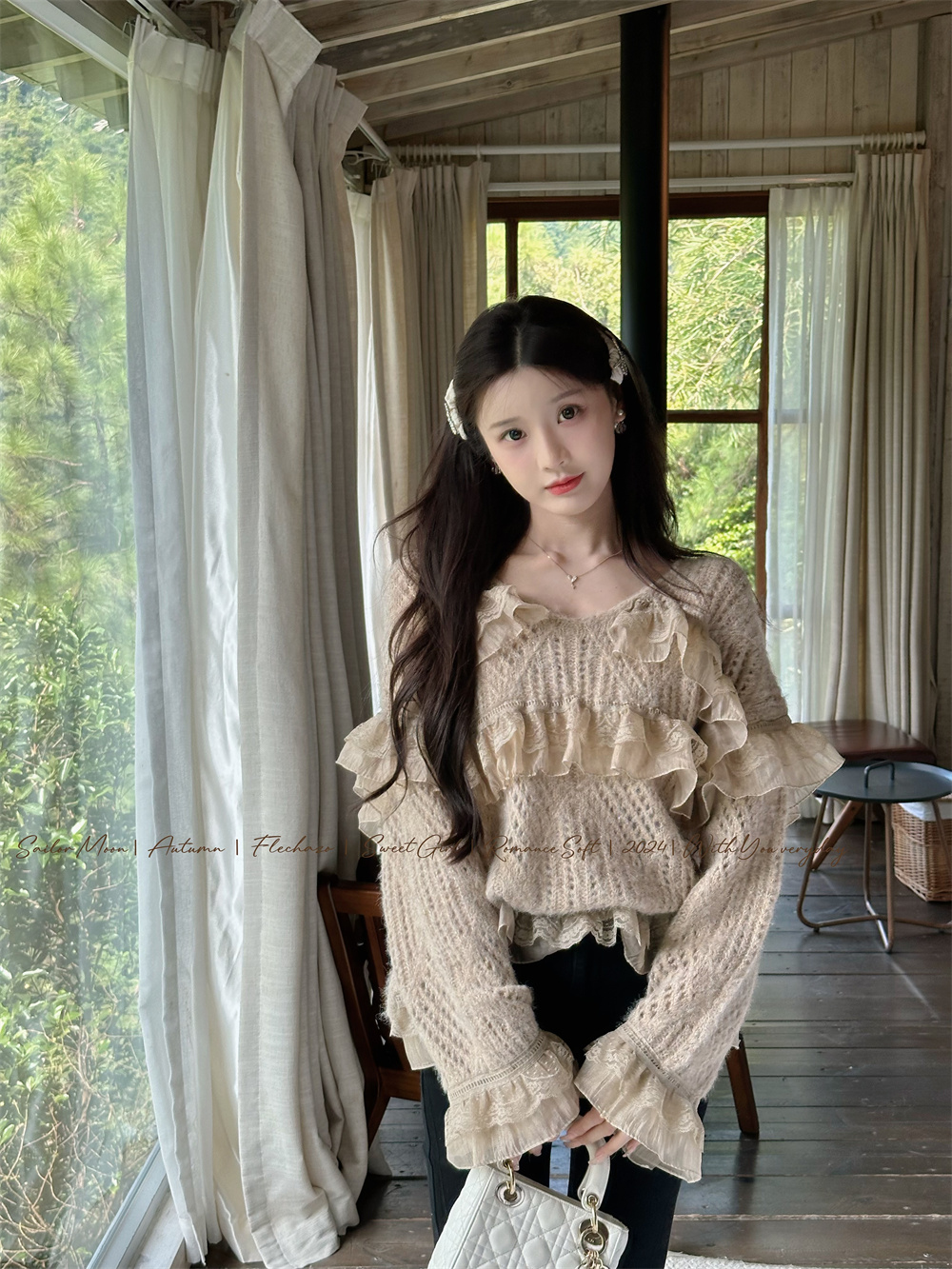 妖精的美美  【公主早茶】蕾丝气质长袖针织毛衣