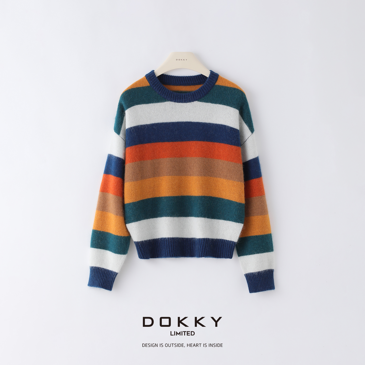 双旦【中古调彩虹-浣熊绒】DOKKY复古撞色彩色条纹慵懒松弛羊毛衫