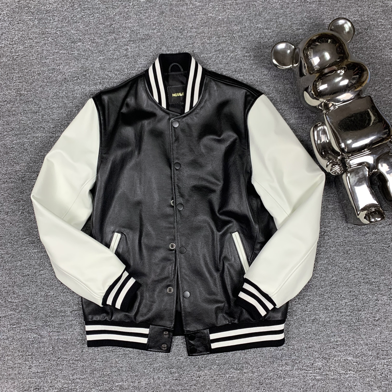 真皮皮衣男士休闲夹克头层小牛皮棒球服撞色外套春秋新款上衣黑白
