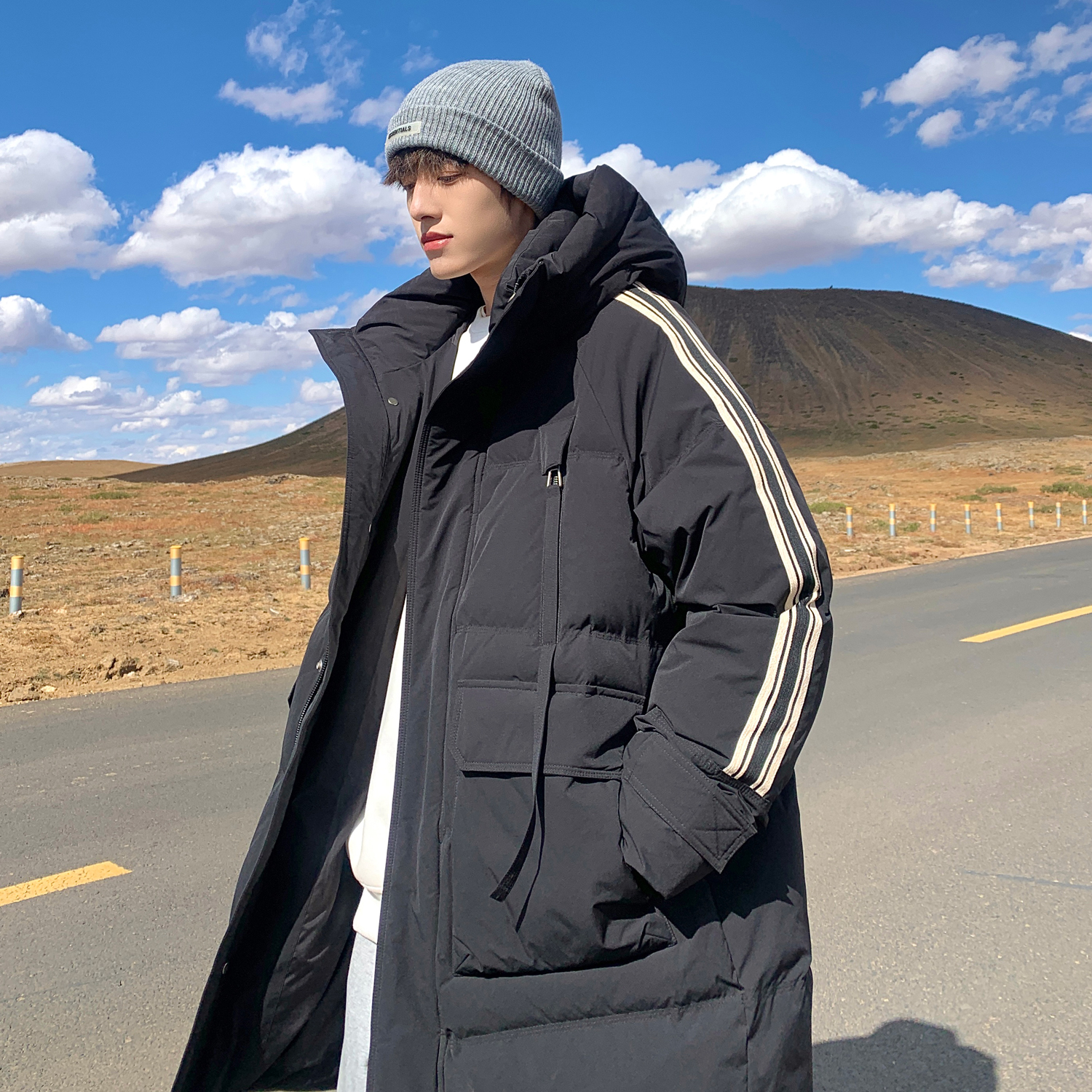 中长款羽绒服男冬季2023新款宽松潮牌轻薄保暖加厚大口袋防寒外套