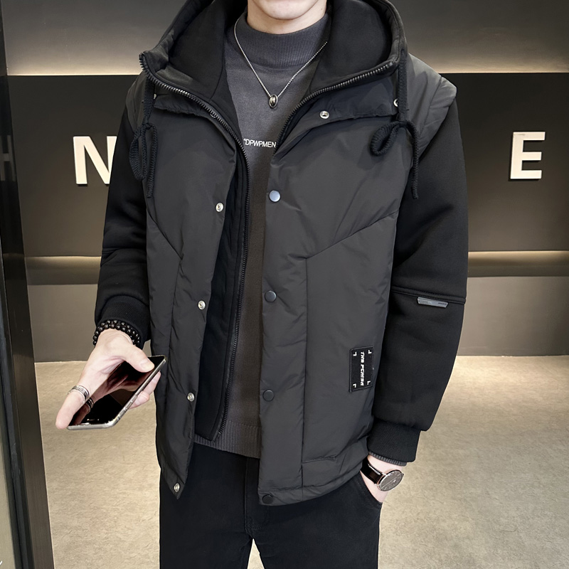 假两件羽绒服男士冬季保暖拼接潮牌御寒连帽男生冬装白鸭绒外套潮