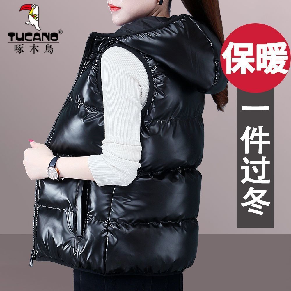 啄木鸟亮面棉服马甲女秋冬新款显瘦短款棉服衣坎肩背心马夹外穿