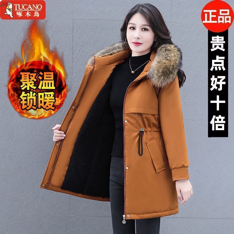 啄木鸟中长款加绒保暖棉衣外套女冬季新款派克服中年妈妈收腰外套