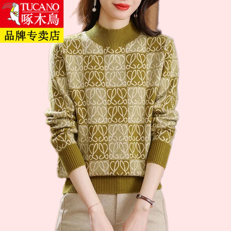 啄木鸟秋冬新款毛衣女时尚小个子妈妈装打底提花半高领针织