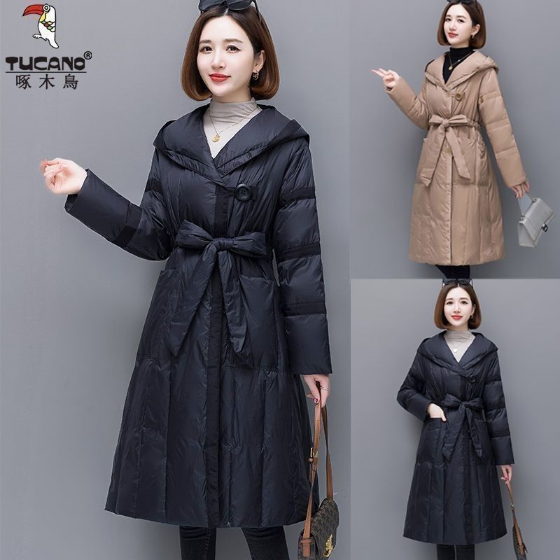 啄木鸟女士长款2023冬季时尚百搭收腰气质显瘦系带连帽外套